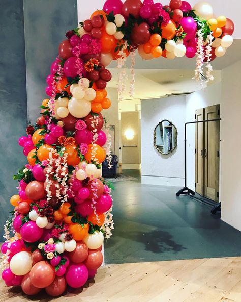 Fiesta Balloons Garland, Pink Orange Green Balloon Garland, Balloon Arch With Fake Flowers, Indian Balloon Decoration, Mexico Balloon Garland, Wedding Balloon Arch With Flowers, Balloon Garland Entryway, Fiesta Balloon Arch Mexican, 60th Birthday Balloon Garland