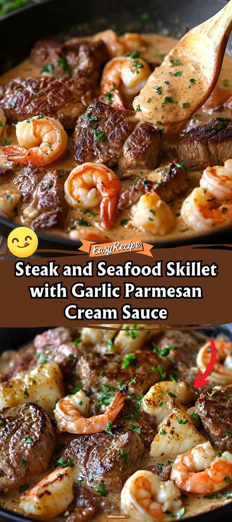 Indulge in a skillet full of steak and seafood draped in a Garlic Parmesan Cream Sauce. This rich, decadent meal is perfect for those who love their protein with a side of creamy indulgence. #SteakSeafoodSkillet #GarlicParmesan #SkilletMeals Steak And Shrimp Garlic Cream Sauce, Steak And Prawns Dinners, Beef Tips And Shrimp Recipes, Crab Topped Steak, Steak And Seafood Recipes, Steak In Creamy Cajun Shrimp Sauce, Elegant Dinner Ideas Food, Steak With Shrimp Cream Sauce, Steak And Shrimp Recipes Dinners