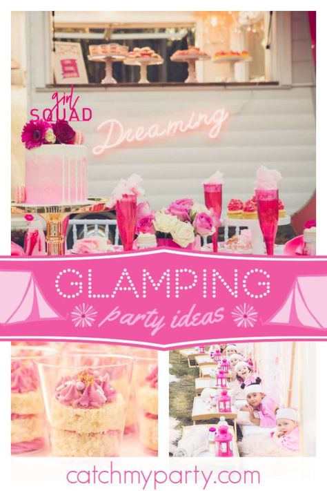 Glamping Birthday Party, Glamping Birthday, Minnie Mouse Balloons, Glamping Party, Sweet 17, Girls Birthday Party Themes, Girly Party, Spa Birthday Parties, Camping Parties