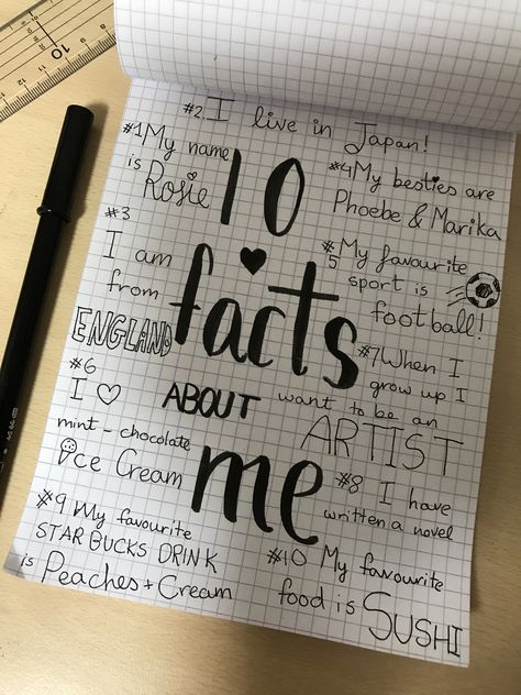 10 Facts about me! Things To Write In Your Diary About Your Crush, Quotes To Put In Your Sketchbook, 10 Facts About Me Template, Me In 50 Words, Diary About Me Page, About Me Page Ideas, Facts About Me Template, All About Me Journal Ideas, Aesthetic Diary Pages