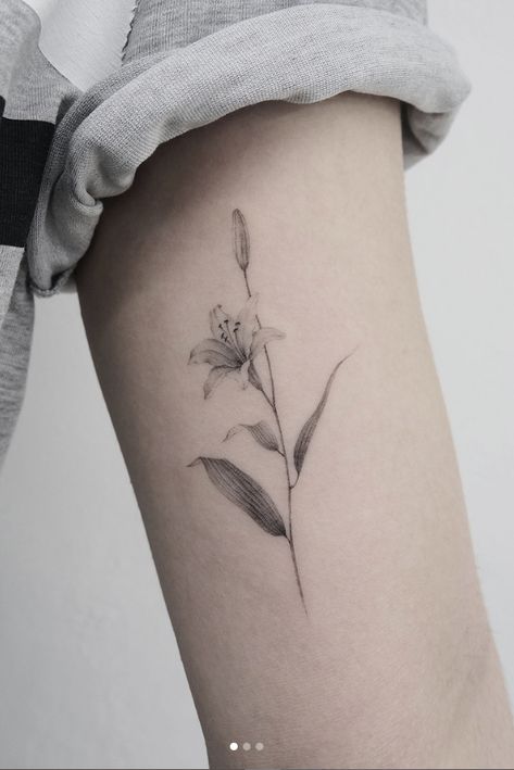 Simplistic Lily Tattoo, Small Tattoos Lily Flower, Lily Tattoo Small, Glaze Lily, Small Floral Tattoo, Small Lily Tattoo, Floral Tattoo Ideas, Tattoo Lily, Lilly Tattoo