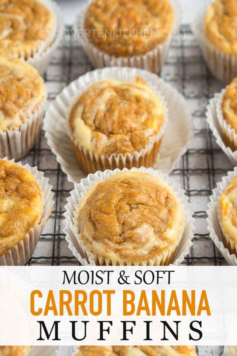 Moist and soft carrot banana muffins! Easy to make, not too sweet, filled with fresh carrots, and delicious banana flavor. Even your toddler is going to love this! Optional but highly recommended cream cheese topping is included in the post. The banana is not overpowering and it perfectly compliments the earthy-sweet flavor of the carrots. I didn’t even need to add too much cinnamon. Just a hint. Banana Carrot Mini Muffins, Banana Carrot Cake Muffins, Banana And Carrot Muffins, Carrot Muffins With Cream Cheese, Carrot Banana Muffins, Yogurt Muffin, Banana Yogurt Muffins, Banana Bread Cupcakes, Kid Muffins