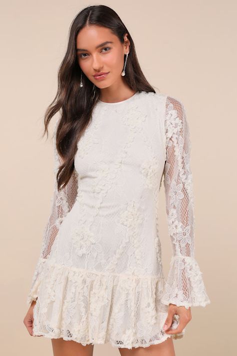 Feminine Lace Dress, Ruffled Lace Dress For Garden Party, Chic Lace Wedding Dress With Ruffles, Neutral Tone Dress, Spring Fitted Lace Dress With Lace Cuffs, Feminine Lace Dress With Ruffles For Brunch, White Lace Dress With Lace Cuffs For Spring, Garden Party Lace Dress With Ruffles, Off White Lace Dress With Ruffles