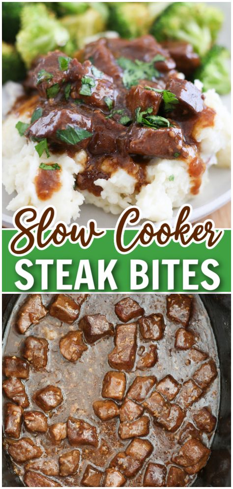 Slow Cooker Steak Bites - perfect for an easy and delicious weeknight dinner. Chunks of steak are slow cooked to tender perfection in a savory gravy. It takes just a few minutes of prep and you will have a scrumptious dinner waiting when you get home! Flat Iron Steak Crockpot, Sirloin Tip Steak Recipes Crockpot, Steak Bites With Gravy, Steak Tips Crock Pot, Crock Pot Steak Recipes, Slow Cooker Steak Bites, Steak Crockpot Recipes, Steak In Crockpot, Crock Pot Steak Bites