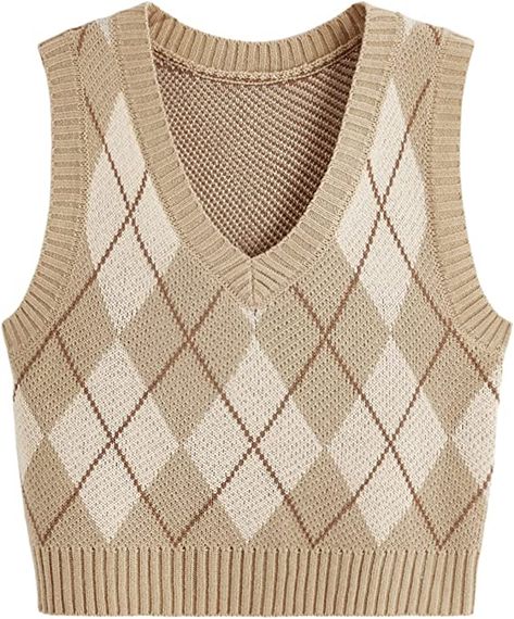 SweatyRocks Women's Plaid Geo Sleeveless V Neck Knit Crop Top Sweater Vest Plaid Sweater Vest, Argyle Sweater Vest, Sweater Vest Women, Classic Sweater, Spring Fabric, Argyle Sweater, Top Sweater, Solid Color Shirt, Sweater Brands