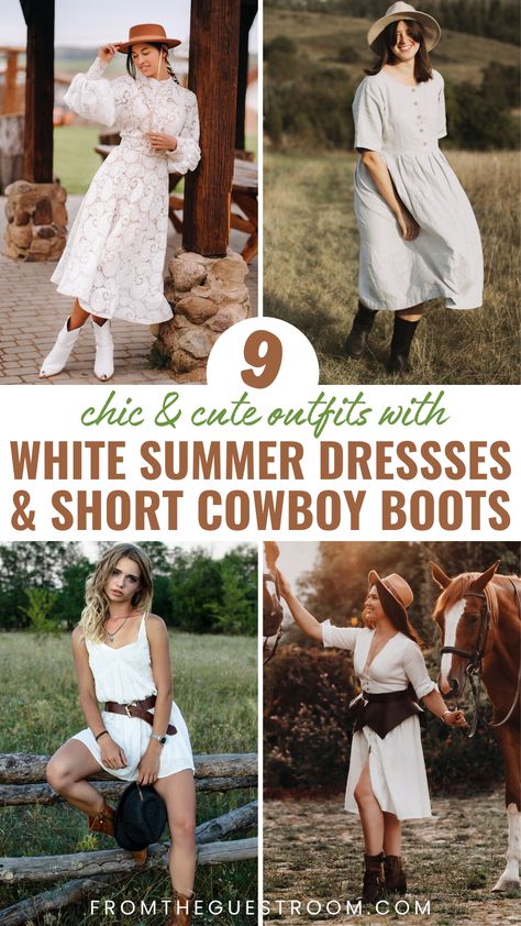 women wear white summer dresses and short cowboy boots Short Cowboy Boots Outfit Summer, Cowboy Boots Short, Dresses And Cowboy Boots, Cowboy Boots Dress, Dark Brown Cowboy Boots, Cowboy Boots Outfit Summer, Dresses To Wear With Cowboy Boots, White Long Dress Summer, Dress And Cowboy Boots Outfit