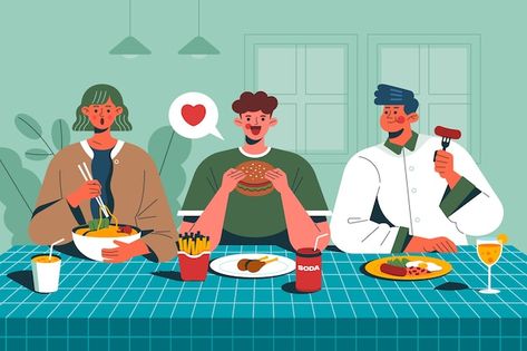 People Eating Illustration, Eating Illustration, Drawn People, Happy Prince, Street People, Happy Employees, Human Sketch, Eating Table, Flat Design Illustration