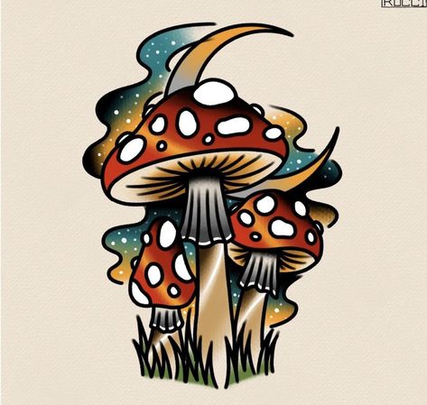 American Traditional Magic Tattoo, Mushroom Sleeve Tattoo, Traditional Mushroom Tattoo, Mushroom Tattoo, Traditional Tattoo Inspiration, Flash Ideas, Paint Inspo, Tattoo Board, Mushroom Tattoos