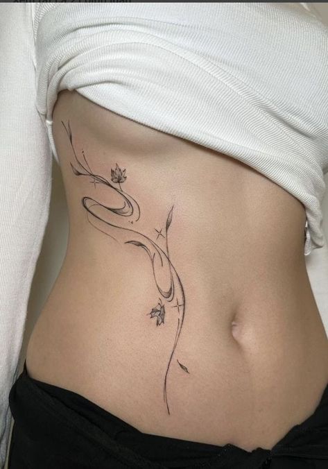 Vertical Waist Tattoo, Elegant Tattoo Placement, Body Flow Tattoo, Backbone Tattoo Women, Half Spine Tattoo, Waist Tattoos For Women Side, Tummy Tattoos For Women, Tattoo On Side Of Stomach, Fine Line Tattoo Placement