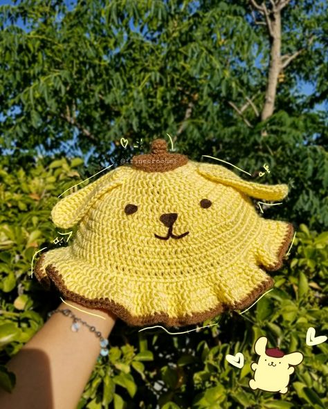 My Melody Bucket Hat Crochet, Pompompurin Hat Crochet, Sanrio Crochet Hat, Pompompurin Hat, Sanrio Crochet Free Pattern, Crochet Birthday Hat, Crochet Pompompurin, Sanrio Beanie, Sanrio Hat