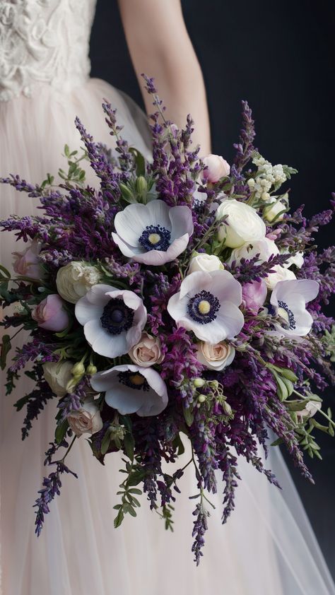 Stylish Lavender and Anemone Wedding Bouquets Dark Purple Bouquet Wedding, Lavender In Bouquet, Forest Bridal Bouquet, Black White And Lavender Wedding, June Floral Arrangements, Dramatic Wedding Bouquet, Forest Green And Purple Wedding, Purple And Green Wedding Ideas, Purple And White Flower Bouquet