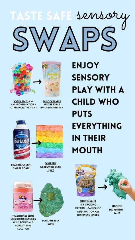 taste safe sensory swaps; enjoy sensory play with a child who puts everything in their mouth.  tapioca pearls instead of water beads, aqaufaba instead of shaving cream, psyllium husk slime instead of glue based, homemade kinetic sand instead of store bought. Taste Safe Sensory, Edible Sensory Play, Sensory Play Recipes, Kids Sensory Activities, Toddler Sensory Bins, Homeschool Preschool Activities, Baby Sensory Play, Sensory Crafts, Sensory Activities Toddlers