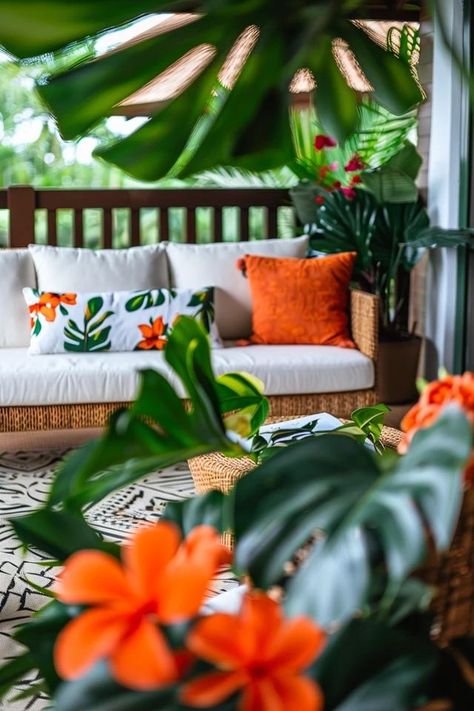 Transform Your Lanai with Chic Decorating Ideas Tropical Porch Ideas, Lanai Decorating Ideas Florida, Lanai Decorating Ideas, Tropical Porch, Lanai Decorating, Tropical Yard, Colorful Deck, Lanai Design, Lanai Ideas