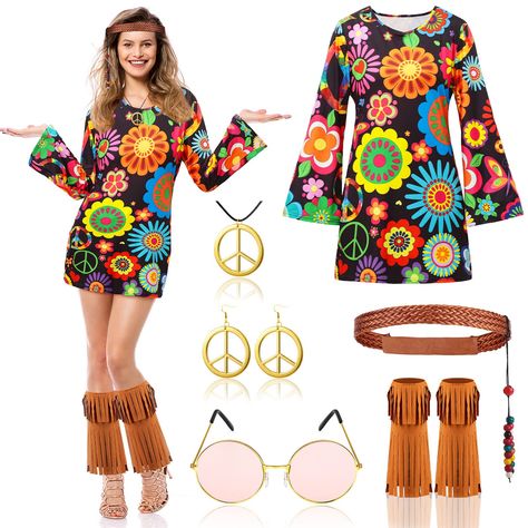 PRICES MAY VARY. 60s 70s Disco Costumes for Women: you will receive 1 piece flower hippie costume with dress, 1 piece boho headband, 2 pieces hippie peace sign earrings (1 pair), 1 piece hippie peace sign necklace, 1 pair of retro sunglasses, 2 piece hippie ankle socks with tassels (1 pair); These hippie accessories will bring you an attractive charm, and make you the focus of the disco theme party, Halloween dress up party Quality Material: the 70s outfits flower power hippie dress, headband an 70s Hippie Outfits, Disco Costume For Women, Poncho Costume, Women 60s, 70s Disco Costume, 70s Disco Outfit, Halloween Party Dress, Womens Cosplay, 70s Outfits