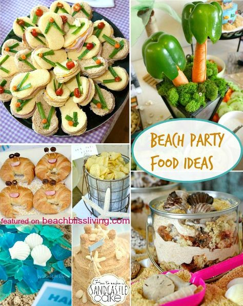 Yummy Beach Party Food Ideas. Featured on Beach Bliss Living: http://beachblissliving.com/beach-party-food-ideas/ Beach Party Food Ideas, Beach Theme Food, Beach Party Ideas, Beach Party Food, Pool Party Food, Adorable Food, Birthday Party Snacks, Beach Birthday Party, Outfit 2020