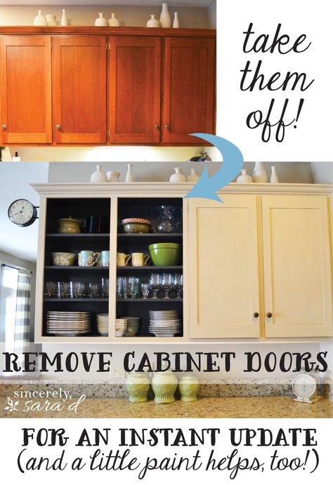 Take off your kitchen cabinet doors - a free (!!) and easy update! Remove Cabinet Doors, How To Remove Kitchen Cabinets, Cabinet Door Replacement, Kitchen Cabinet Shelves, Update Kitchen Cabinets, Beautiful Kitchen Cabinets, Old Kitchen Cabinets, Kitchen Cabinet Door, Kitchen Cabinet Doors