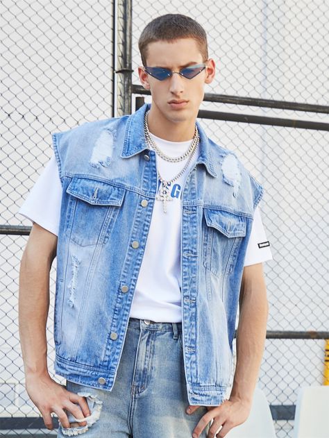 Mens Denim And Diamonds Outfit, Denim Outfit Ideas For Men, Denim Vest Outfit Men, Denim On Denim Men, Gvf Outfit, Leon Outfit, Sleeveless Denim Jacket Outfit, Denim Vest Style, Demin Outfit