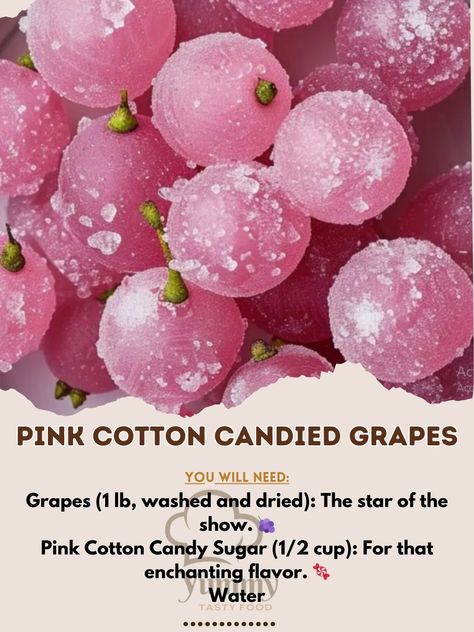 Sweeten your day with Pink Cotton Candied Grapes! 🍇🍭 A magical treat that's both easy and delightful. #SweetSnack #MagicalMunchies Pink Cotton Candied Grapes Recipe 🎀🍇 Ingredients: Grapes (1 lb, washed and dried): The star of the show. 🍇 Pink Cotton Candy Sugar (1/2 cup): For that enchanting flavor. 🍬 Water (to dampen grapes): Helps the sugar stick. 💦 Instructions: Prep Grapes: Ensure grapes are thoroughly washed and dried. 🚿 Dampen: Lightly wet the grapes with water. 💧 Coat: Roll grapes i... Halloween Grapes, Cotton Candy Recipes, Cotton Candy Recipe, Candied Grapes Recipe, Candied Fruit Recipes, Candied Grapes, Flavor Water, Fairytale Food, Candy Grapes