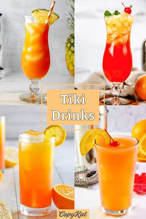 Tiki Drinks (Tropical Cocktails) - CopyKat Recipes Tiki Drinks Cocktails, Tiki Drinks Recipes, Fruity Cocktail Recipes, Tropical Drink Recipes, Cocktails To Make At Home, Drinks To Make, Tropical Cocktails, Passion Fruit Syrup, Fruity Cocktail