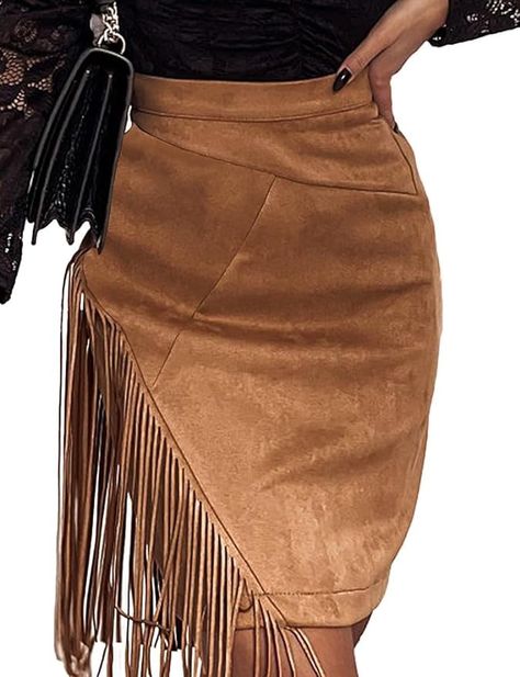 Amazon.com: IDEALSANXUN Fringe Suede Skirt for Women Fall Winter High Waisted Faux Leather Tassel Short Mini Skirt, Khaki, XL : Clothing, Shoes & Jewelry Short Mini Skirt, Tassel Shorts, Cowgirl Outfits, Suede Skirt, Leather Tassel, Shoes Jewelry, Mini Skirt, Top Styles, Fashion Branding