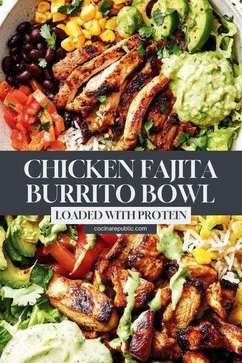 Chicken Fajita Burrito Bowls are perfect for a healthy, satisfying dinner! Packed with fajita chicken, fresh veggies, and cilantro lime rice, these bowls are a fresh twist on a classic fajita burrito. If you love burrito bowls and want a favorite dinner that’s easy to make and full of flavor, this is it! Great for meal prep, too! #ChickenFajitaBurrito #FajitaChicken #HealthyBowls #CilantroLimeRice Dinners With Cilantro, Tuesday Lunch Ideas, Chicken Fajita Over Rice, Fajita Dinner Recipes, Clean Chicken Dinner, Fajita Platter Ideas, Healthy Country Recipes, Fajita Lunch Meal Prep, Fresh Lunch Meal Prep