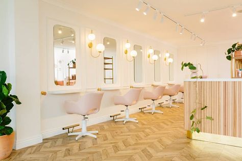 Salon design, salon stations, white salon, salon furniture, salon inspiration, salon decor, salon layout, salon chairs, hair salon design White Beauty Salon, Beauty Space, Hair Salon Design, Salon Stations, Blow Dry Bar, Beauty Salon Interior, Beauty Salon Decor, Wall Panelling, Aesthetic Clinic