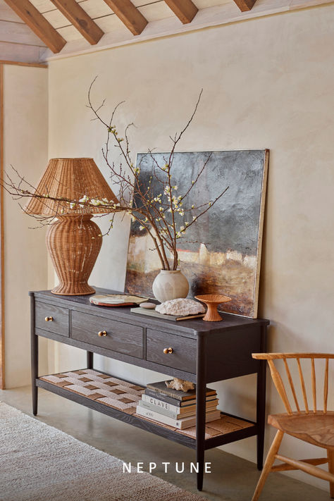 Frome is a contemporary take on classic regency designs, with slim proportions, rounded corners and a woven rattan undershelf.   The solid oak is heavily brushed and lightly painted in our Warm Black shade for a unique finish that celebrates the natural grain of the wood.  Use this console table in a hallway, bedroom or open plan kitchen. Kitchen Design Color, Kitchen Tiles Design, Hallway Console, Console Table Hallway, Hallway Bedroom, Black Shade, Open Plan Kitchen, Table Style, Open Plan