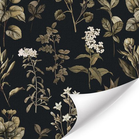 Black And Green Floral Wallpaper, Dark Green Powder Room Wallpaper, Green Black Powder Room, Wallpaper For Pantry Accent Walls, Moody Wallpaper Office, Masculine Peel And Stick Wallpaper, Dark Wallpaper Living Room, Black Wallpaper With Flowers, Black Wallpaper Bathroom