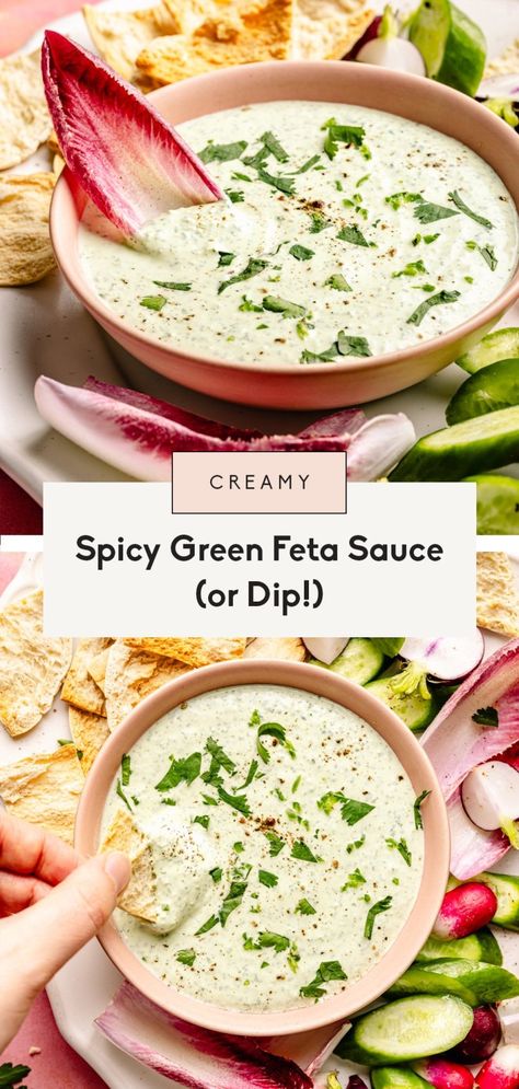 Creamy, spicy green feta sauce made with protein-packed Greek yogurt and tons of beautiful, fresh herbs. This easy green feta sauce gets a kick of heat from jalapeño and is perfect for dipping, drizzling, and serving with your fav proteins! Feta Sauce, Greek Yogurt Sauce, Cashew Cream Sauce, Ambitious Kitchen, Seasonal Cooking, Feta Dip, Dairy Free Yogurt, Cold Appetizers, Dinner Side Dishes