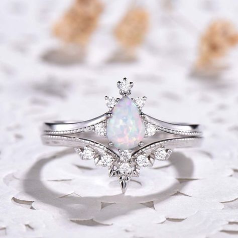 Pear Shaped Opal White Gold Wedding Ring Set CZ Diamond | Etsy Fire Opal Engagement Ring, Vintage Opal Engagement Ring, Opal Engagement Ring Set, October Birthstone Jewelry, Opal Engagement Ring, Silver Opal Ring, White Opal Ring, Opal Band, Opal Wedding Rings