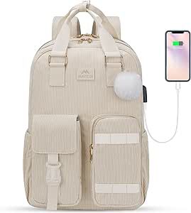 Backpack for Teens Girls, 15.6 Inch Cute Corduroy College School Computer Bookbag with USB Charging Port, TSA Lightweight Soft Travel Backpack Aesthetic Purse Bag for Women Nurse Teacher Work, Beige Aesthetic Purse, Backpack Aesthetic, College Girl Gifts, Laptop Backpack Women, Aesthetic Backpack, Kawaii Backpack, Travel Laptop Backpack, Computer Backpack, Women Nurse