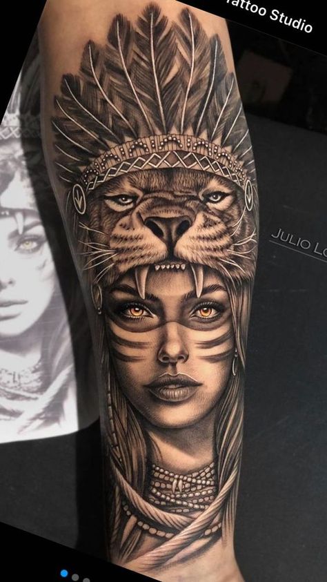 | Creative Tattoos Aesthetic By Ava Yates Tattoo Indien, Indian Women Tattoo, Indian Tattoo Design, Female Warrior Tattoo, Chicano Tattoos Sleeve, Catrina Tattoo, Native American Tattoo, Full Leg Tattoos, Aztec Tattoo Designs