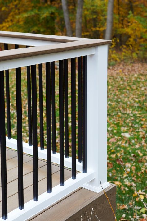 The TimberTech Classic Composite Series is designed for simplicity with endless design options, combines four railing collections into one. Our most popular collection offers multiple top rail and infill choices to make your outdoor living space truly yours. It uses the Universal Rail and allows you to select from four top rail options: Premier Rail®, RadianceRail®, Trademark Rail™, and a Drink Rail option. This ensures easy and intuitive ordering. Designed to complement your deck as well as your home’s exterior. Rail Pack Includes: support rails, hardware, universal bottom rail, and foot block. Top Rail not included (choose from 4 different options). Post Sleeves, Post Caps, Post Skirts, and Balusters must be purchased separately. To build the Classic Composite rail system, follow these s Composite Gate Ideas, Drink Rail, Porch Railing Designs, Deck Inspiration, Deck Railing Systems, Front Porch Railings, Composite Deck Railing, Patio Railing, Deck Railing Design