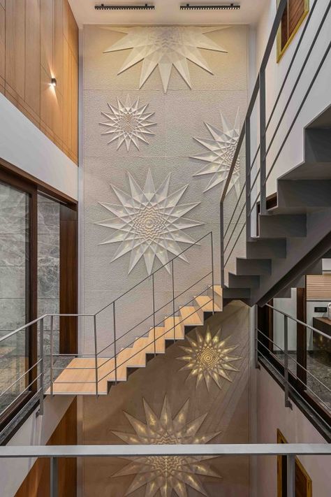 Residence that exudes a Balance of Vintage Vibes with Contemporary Design Elements | Dinterplay Architects - The Architects Diary Staircase Jali Design, Mandir Wall Tiles Design, Designer Tiles For Wall, Double Height Mandir Design, Stair Room Design, Steps Wall Design, Double Height Staircase Wall Design Modern, Staircase Wall Design Interiors, Staircase Wall Designs