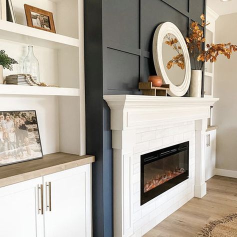 Electric Fireplace And Bookshelves, Built In Electrical Fireplace, Electric Fireplace Wall Ideas Built Ins, Electric Fireplace Ideas Basement, Fireplace Electric Ideas, Electric Fireplace Built In Shelves, Build Electric Fireplace Wall, Freestanding Electric Fireplace Ideas, Electric Fireplace Between Windows