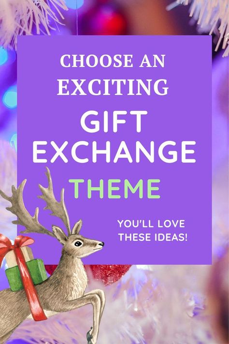 Choose an exciting Gift exchange theme. You'll love these ideas. A reindeer with presents leaping. Gift Themes Ideas, Christmas Gift Exchange Themes, Gift Exchange Themes, Kids Gift Exchange, Xmas Gift Exchange, Christmas Gift Exchange Ideas, Christmas Gift Exchange Party, Work Gift Exchange, Work Christmas Gifts