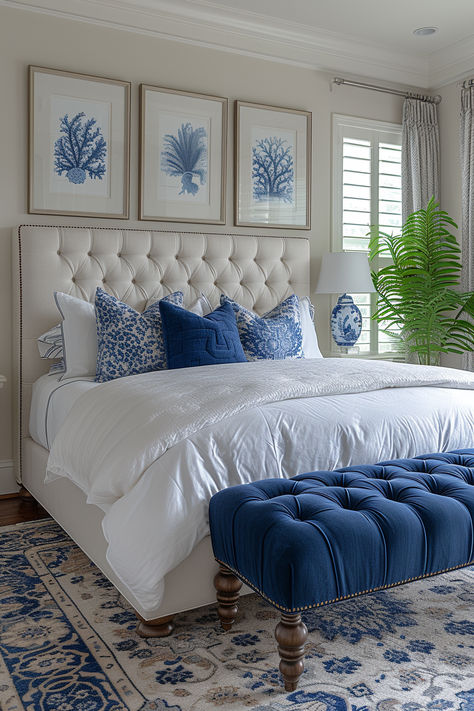 preppy costal bedroom, beachy bedroom, ocean-themed bedroom, bedroom inspo, blue white bedroom Blue And Cream Bedroom, Costal Bedroom, Blue Room Decor, Ocean Themed Bedroom, Blue And White Decor, Blue Bedroom Decor, Hus Inspiration, Room Makeover Bedroom, Bedroom Green