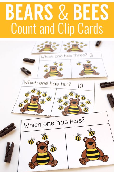 Bear Counts Activities Preschool, Counting Bears Printables Free, Clip Cards Free Printable, Hibernation Preschool Activities, Prek Themes, Aba Activities, Counting Bears, Counting Clip Cards, Preschool Spring