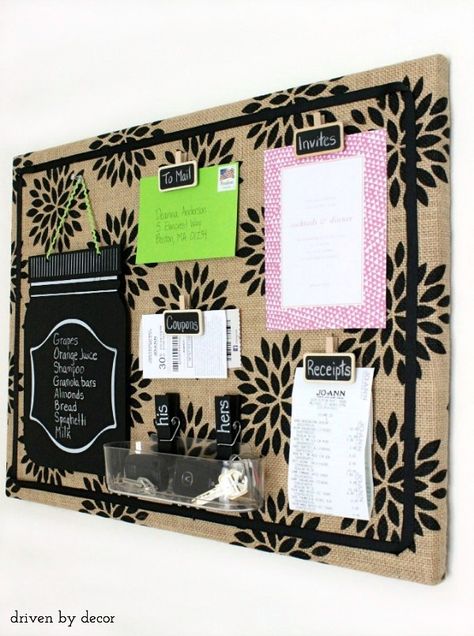 Cool Bulletin Boards, Burlap Bulletin Boards, Office Bulletin Boards, Diy Bulletin Board, Driven By Decor, Family Command Center, Organization Board, Paper Clutter, Diy Burlap