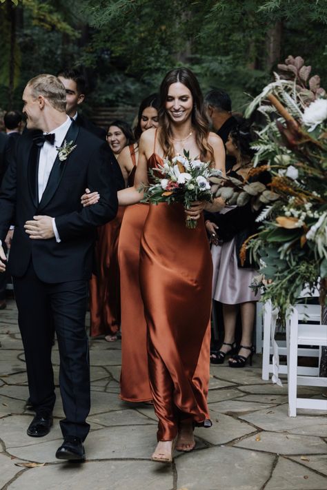 Wedding Colors Fall Bridesmaid Dress, Rustic Copper Bridesmaid Dresses, Fall Wedding Maid Of Honor Dress, Bridemaid Dress Copper, Black And Copper Bridesmaid Dresses, Bridesmaid Brown Dress, Wedding Color Rust, Rust Silk Bridesmaid Dress, Rust Colored Bridesmaid Dress