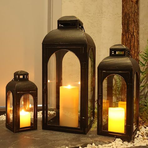 Porch Lanterns Decor, Small Porch Decorating Ideas, Porch Lanterns, Small Porch Decorating, Patio Pathway, Vintage Patio, Metal Light Fixture, Lantern Candle Decor, Decor Candles