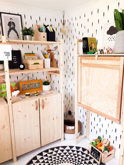 2 IKEA Ivar Units Work Their Magic on This Tiny Office-Slash-Playroom Ivar Regal, Fold Out Desk, Ikea Ivar Cabinet, Ikea Units, Etagere Cube, Tiny Office, Tiny Room, Pottery Barn Bedding, Ikea Ivar