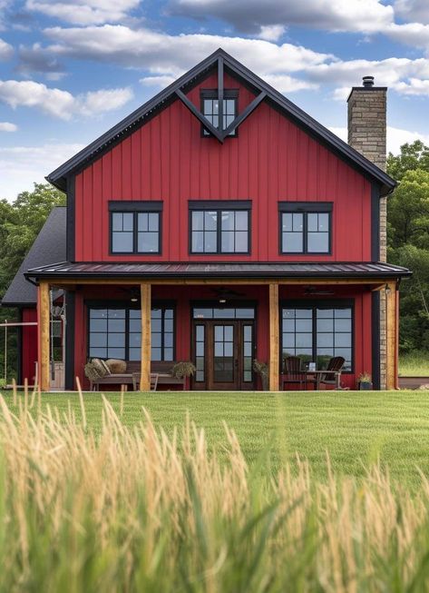 Red And Black Barndominium, Red Ranch House, Red Barndominium, Red Barn House, Cabin Siding, Exterior Upgrades, Metal Building House Plans, Small Cottage House Plans, Lake House Interior