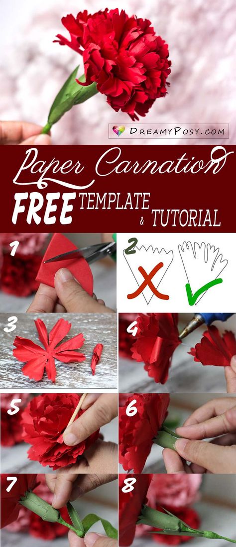 Free template and tutorial to make paper Carnation, paper flowers tutorial, flower making tutorial #paperflowers #freetemplate Paper Carnations, Vika Papper, Fleurs Diy, Folding Origami, Easy Paper Flowers, Paper Flower Crafts, Paper Flower Template, Carnation Flower, How To Make Paper Flowers