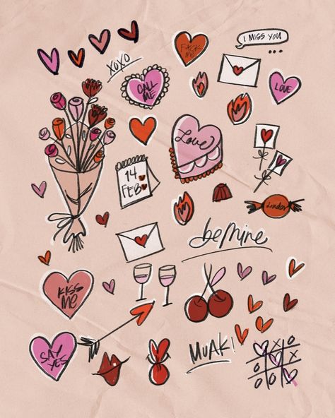 Valentines day, illustrations, red, pink, white, hand-lettering, doodles, kisses, hearts. Valentines Doodles Aesthetic, Valentines Doodles, Valentine Doodle, Love Is Everywhere, Valentine's Day Illustration, Sun Shining, Design Illustrations, Find Love, White Hand