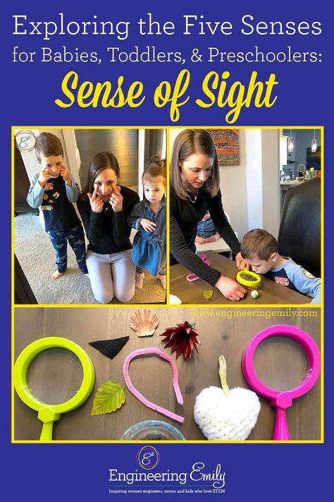 Exploring the Five Senses for Babies, Toddlers, and Preschoolers: Sense of Sight You can teach your child all about their eyes and sense of sight with these 3 fun, simple (little to no materials required), and interactive activities! Your child will have so much fun they won't even know they are learning! My kids bring their magnifying glasses with them everywhere now to investigate their surroundings.  #stemexperiment #stemactivities #kidactivites #activitiesforkids #scienceexperiments #stem Preschool Sight Sense Activities, Seeing Sense Activities Preschool, Sight Craft Preschool, Sight Senses Activities, Eyes Preschool Activities, 5 Senses Activities Sight, Five Senses Sight Activities Preschool, Eyes Activity For Preschool, Eye Senses Activities