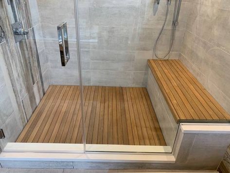 Teak Master Bath, Teakwood Shower Floor, Shower With Wooden Bench, Shower With Teak Floor, Teak Bathroom Floor, Teak Wood Shower Floor, Wood Shower Floor, Built In Shower Seat, Senior Bathroom