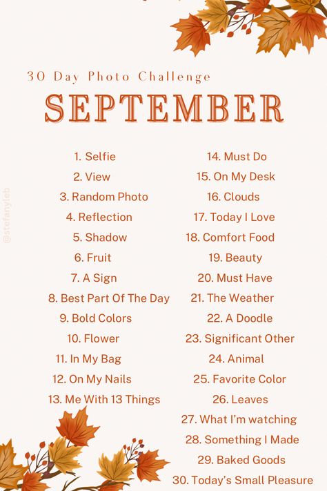 Fall Photoshoot Challenge, September Photo Challenge 2024, September Daily Challenge, September On Instagram, September Bucket List 2024, Things To Do In September Bucket Lists, September Photo A Day, September Fall Aesthetic, What To Do In September