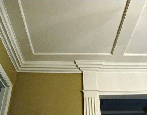 Fabulous mouldings for an 8-foot ceiling. I love how the door casing draws the eye up and then the very shallow coffer adds an interesting detail to the ceiling without bringing it down to low. Ceiling Molding Ideas, Cheap Crown Molding, Molding Ideas, Ceiling Trim, Custom Crown, Plafond Design, Tray Ceiling, Starter Home, Wall Molding