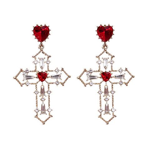 Lizzie Hearts, Needle Earrings, Red Heart Earrings, Cross Earrings Studs, Crystal Cross, Rhinestone Cross, Heart Crystal, Rhinestone Heart, Cross Earrings